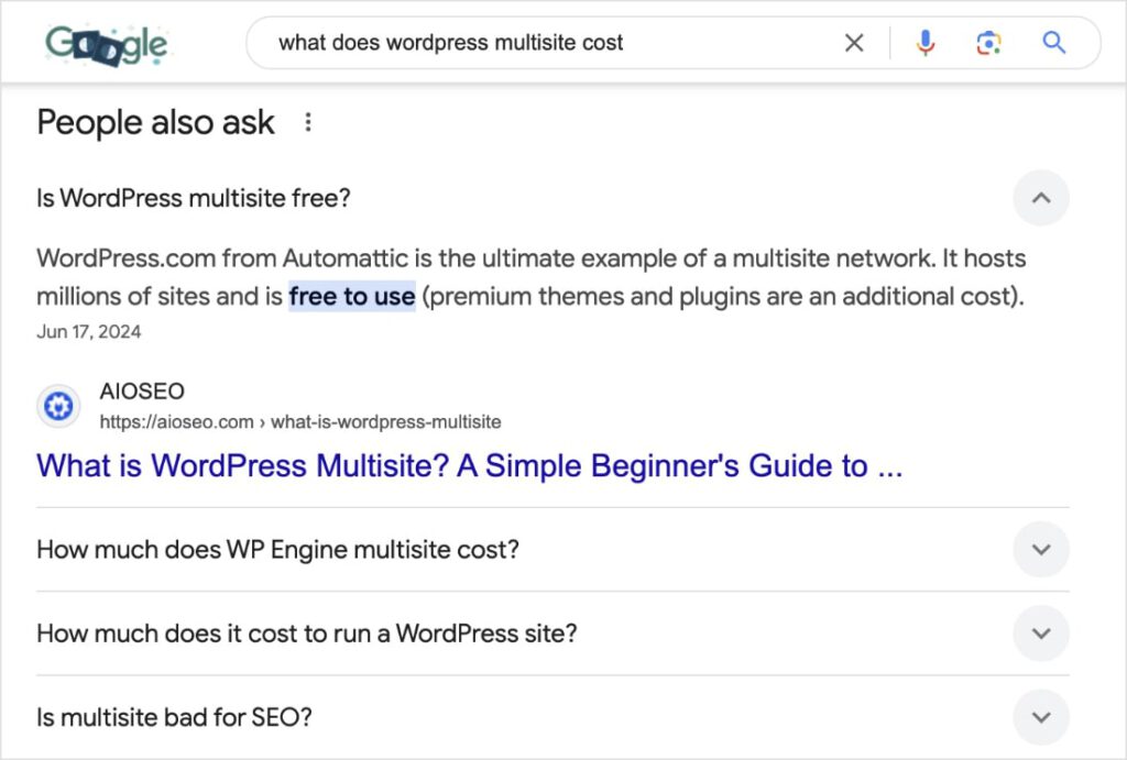 Google people also ask box with a result from AIOSEO.