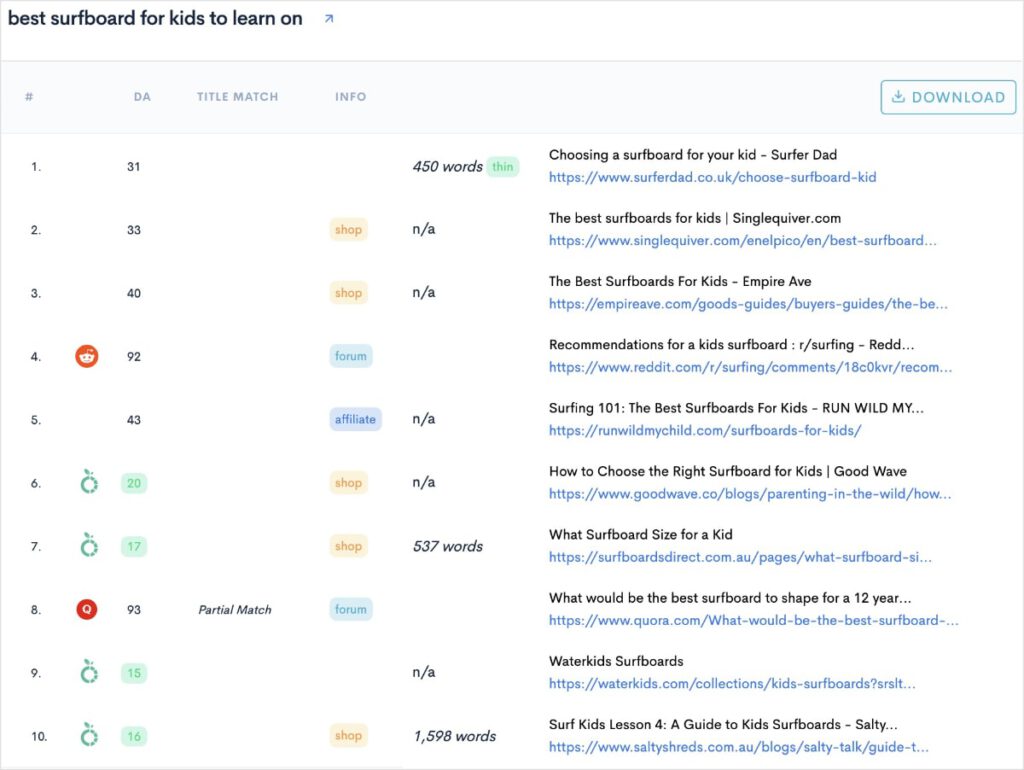 Top 10 search results for a surfboard query.