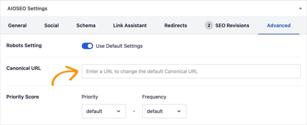 AIOSEO advanced savings has a box for a custom canonical URL.