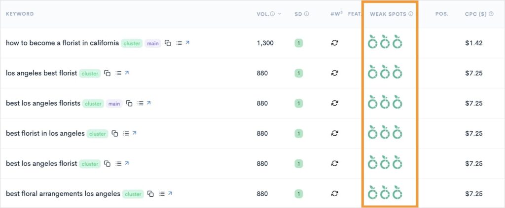 Weak Spots in a LowFruits keyword report.