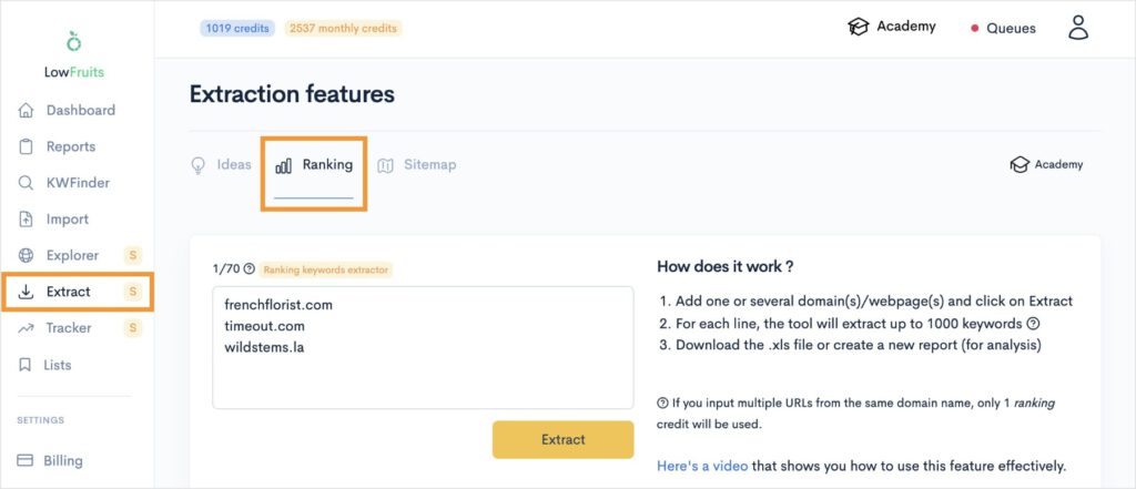 LowFruits extract tool shows competitor domains.