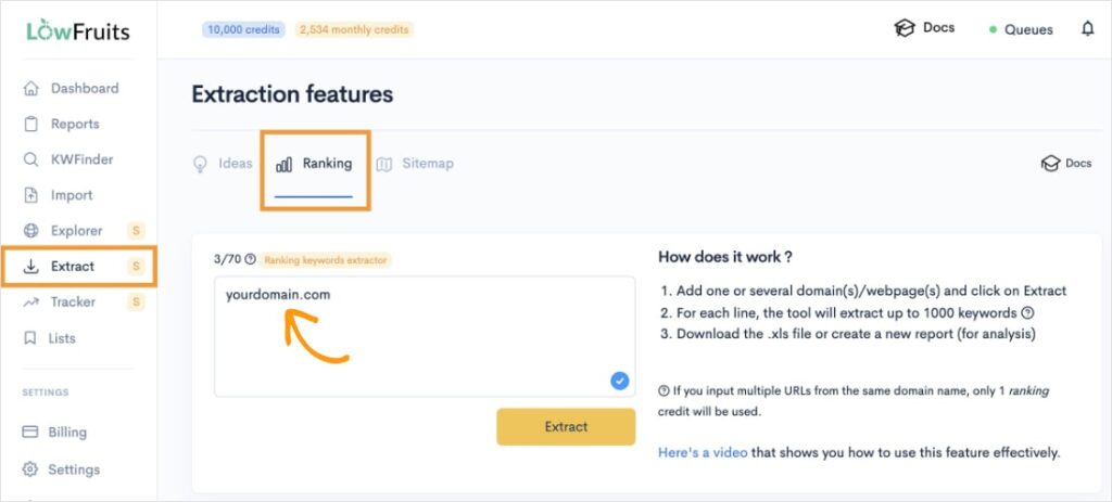 Extract ranking keywords for a specific domain in LowFruits.