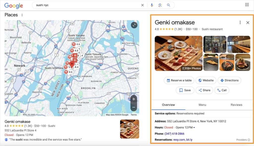 Google Business Profile for a sushi restaurant in NYC.