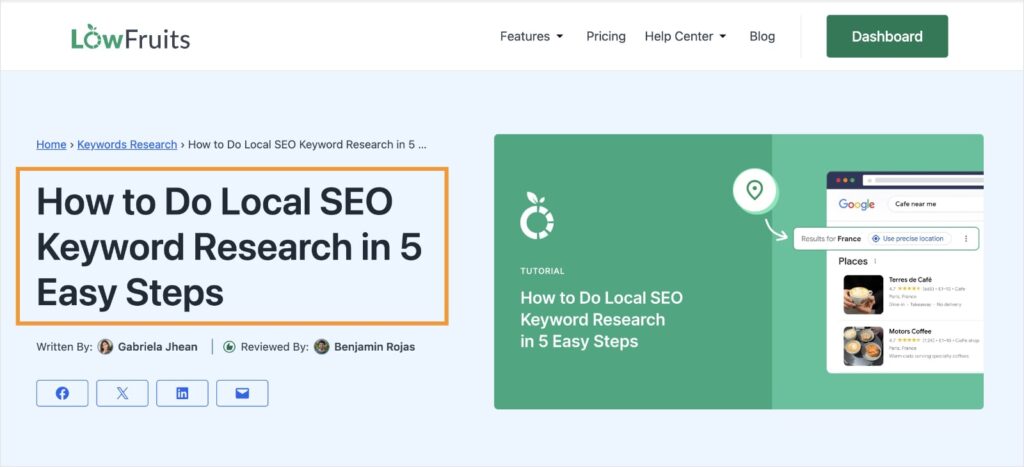 Example of an h1 heading on a LowFruits blog titled how to do local SEO keyword research in 5 steps.