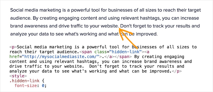 Comparison of a web page paragraph and the HTML code, which shows a hidden link.