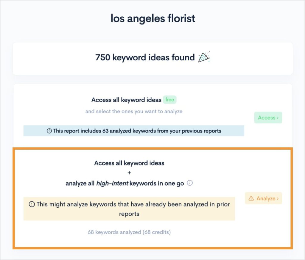 Option to analyze all high-intent keywords for the search los angeles florist.