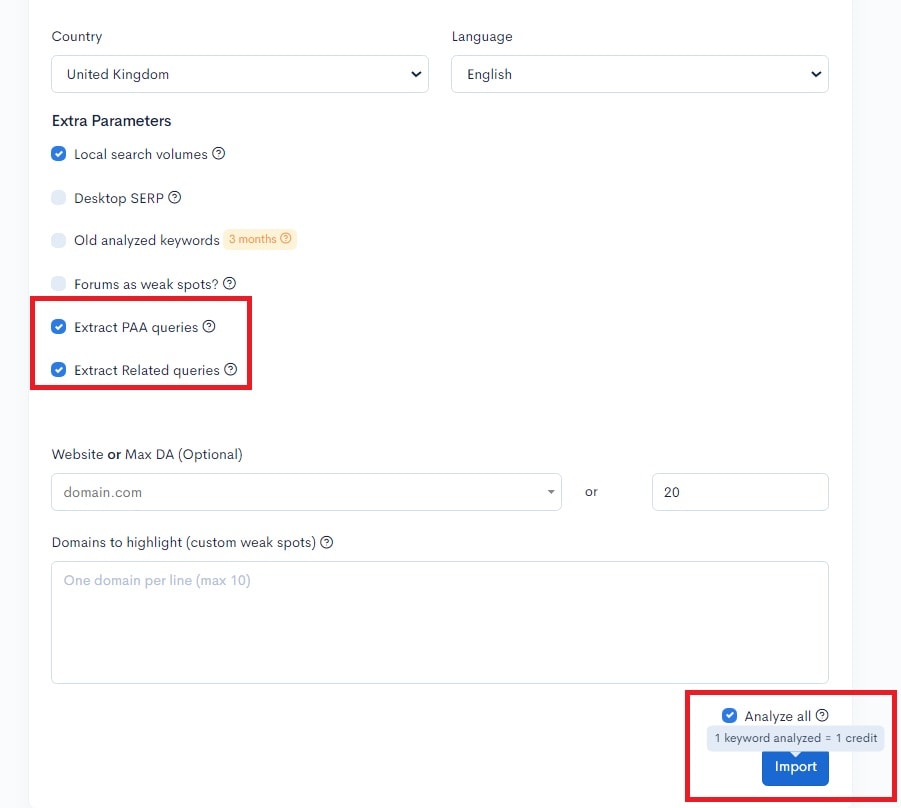 A screenshot of the adwords settings page featuring LowFruits and Ranking extraction features.