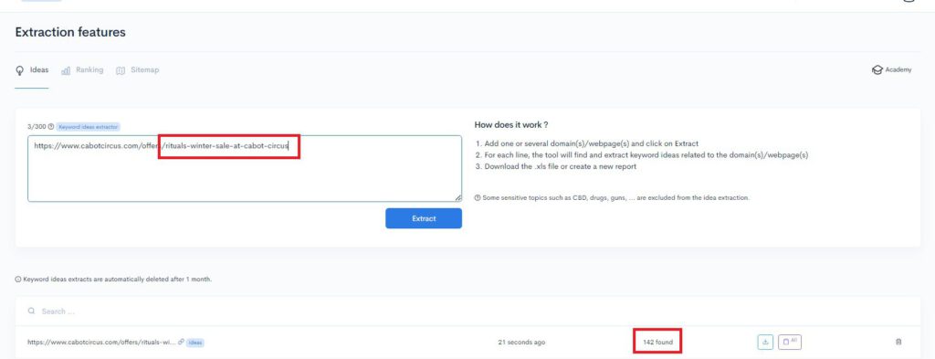 A screenshot of a page with a text box highlighted, providing ideas for extraction features.