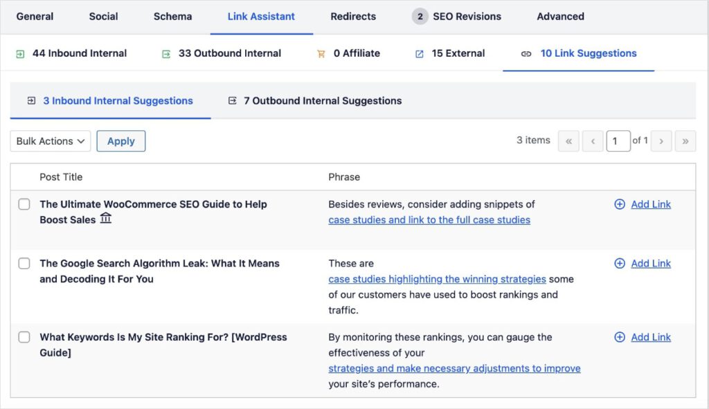 Link Assistant suggestions in WordPress.