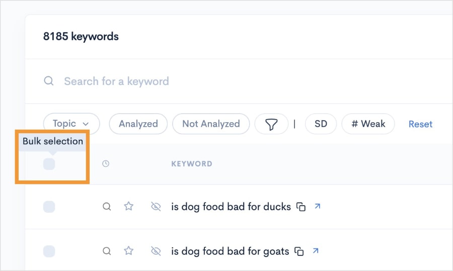 Make bulk selection for keywords to analyze.