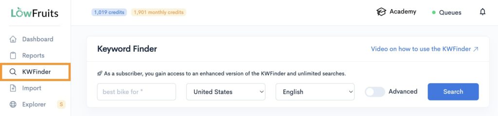 LowFruits KWFinder search.