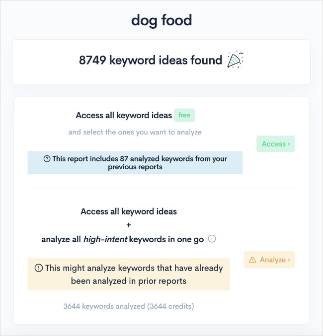 Options to view keywords.