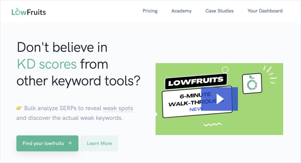LowFruits homepage, a keyword research tool.