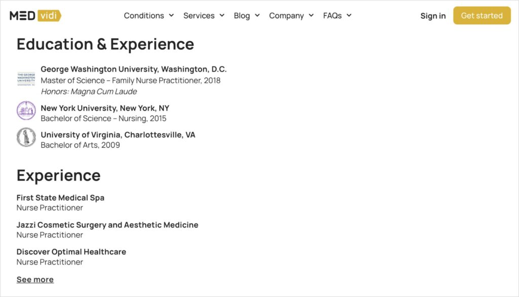 Author bio page shows education and experience on MEDvidi's website.