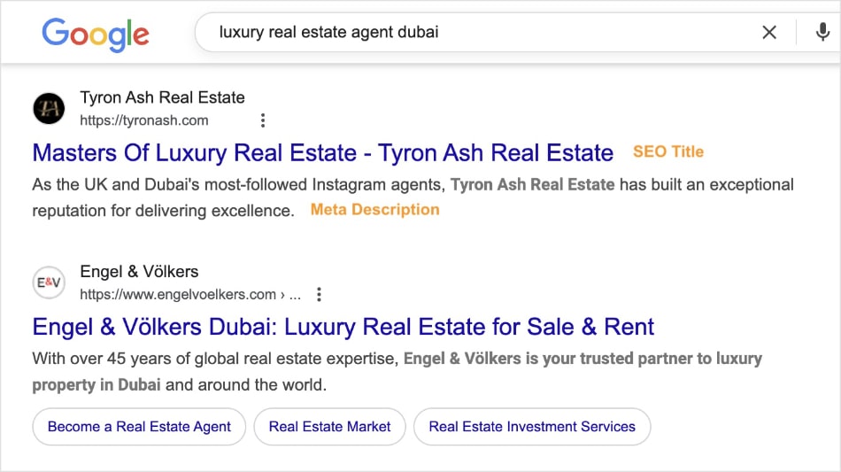Google search results for real estate agents show SEO titles and meta descriptions.