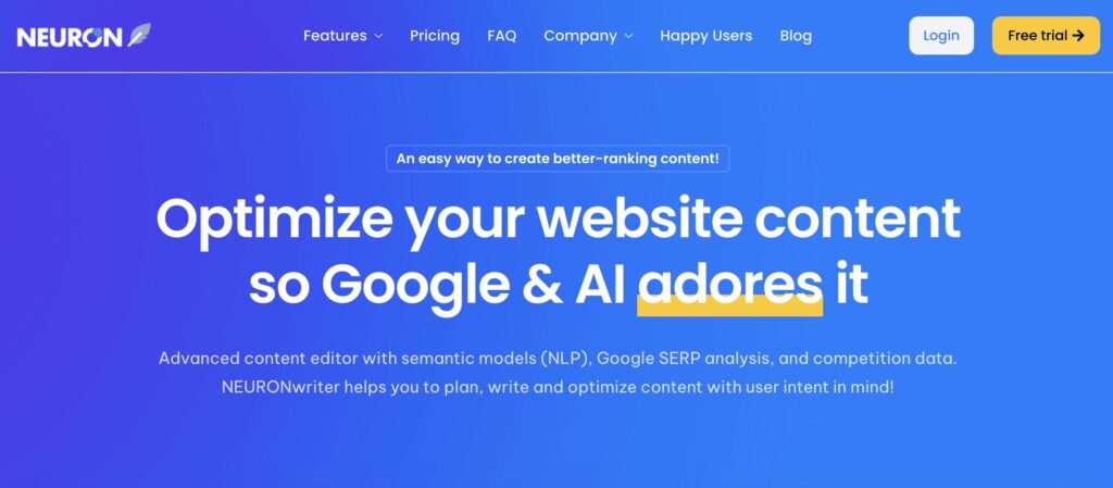 NEURONwriter, an AI content optimization tool.