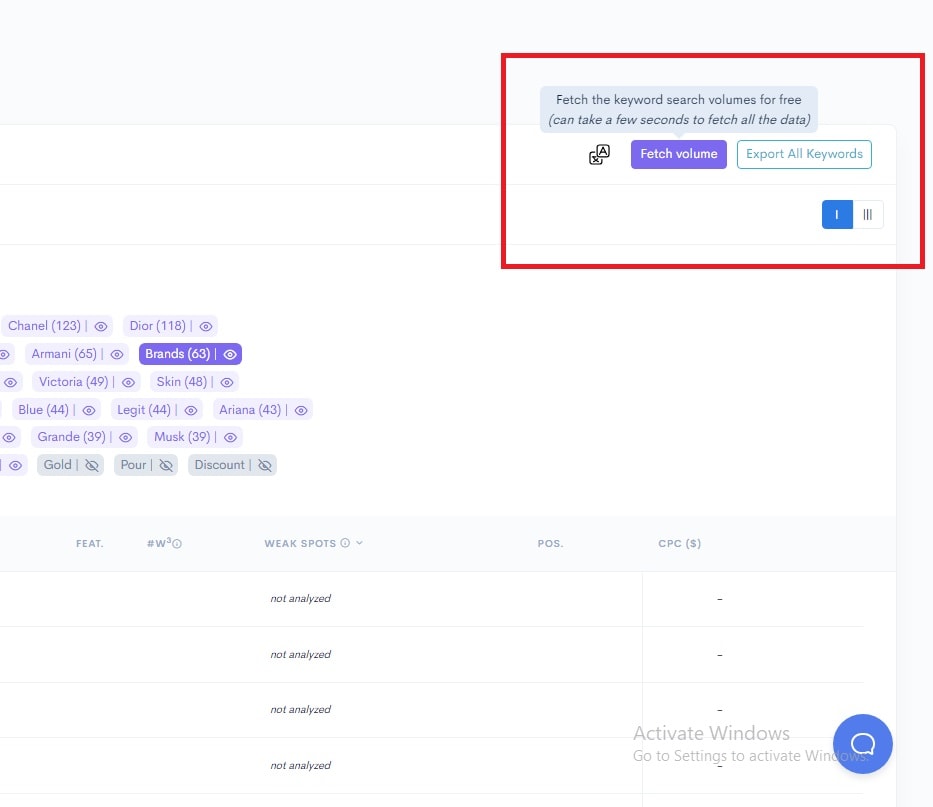 A screenshot of an adwords account page featuring Keyword Research and LowFruits.