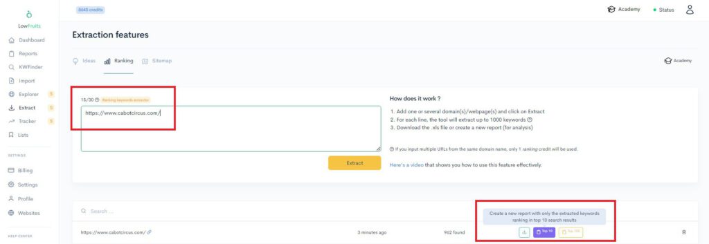 A screenshot highlighting the blue and yellow buttons on a page featuring extraction features.