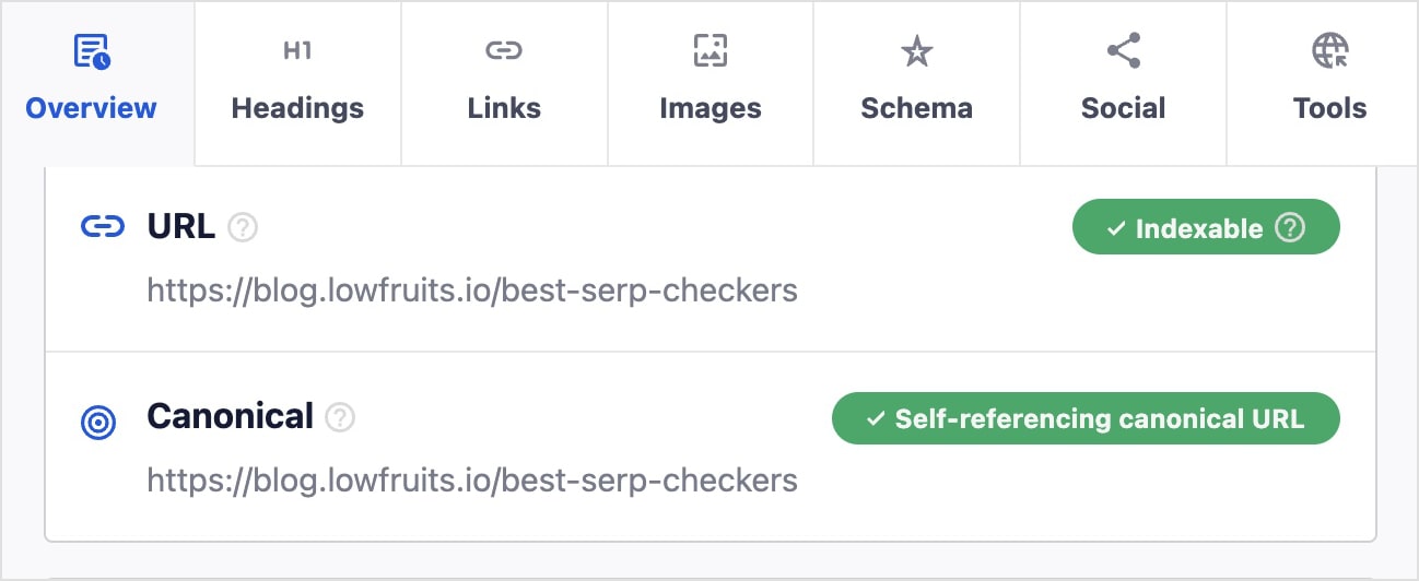 The All in One SEO Analyzer shows a self-referencing canonical tag.
