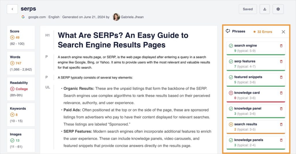 SEOBoost content optimizations for an article about SERPs.