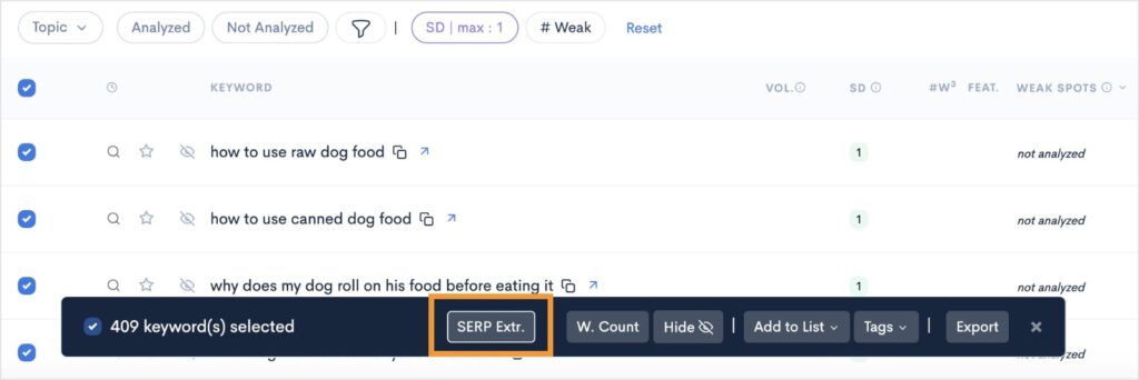 Button to extract SERPs in a LowFruits KWFinder report.
