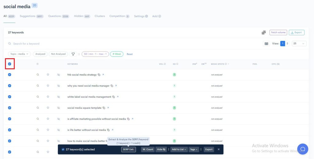 A screenshot of a page with an easy keywords button on it.