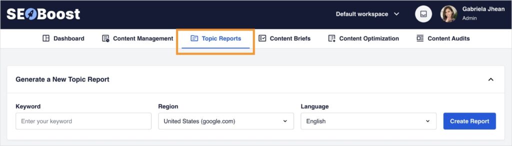 Topic Report in SEOBoost, a content optimization tool.