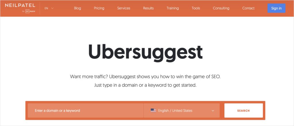 Ubersuggest homepage.