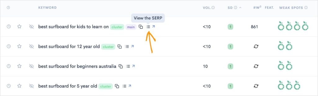 View the SERP for surfboard keyword.